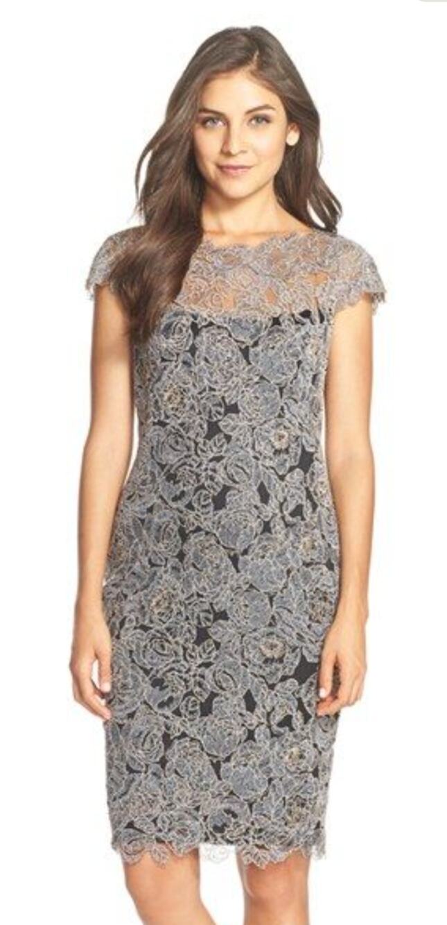 NWT Tadashi Shoji Embroidered Mesh Sheath Dress 14 Black Blue Cocktail Lace